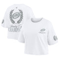 White cropped tee,  Stanley Cup Champions art on front and back
