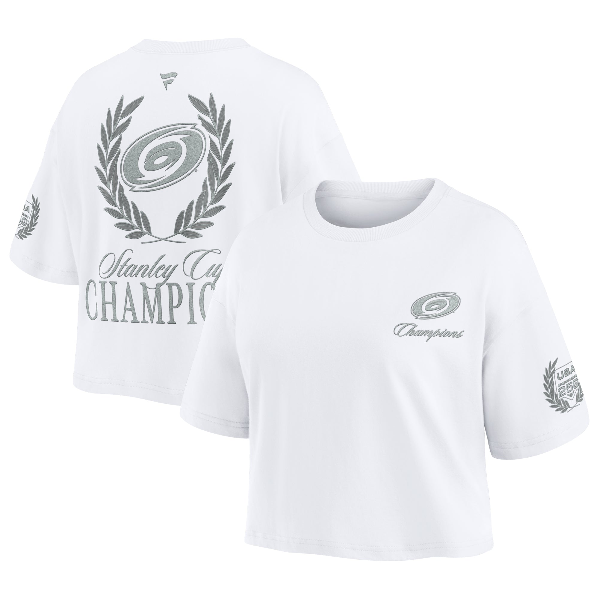 White cropped tee,  Stanley Cup Champions art on front and back