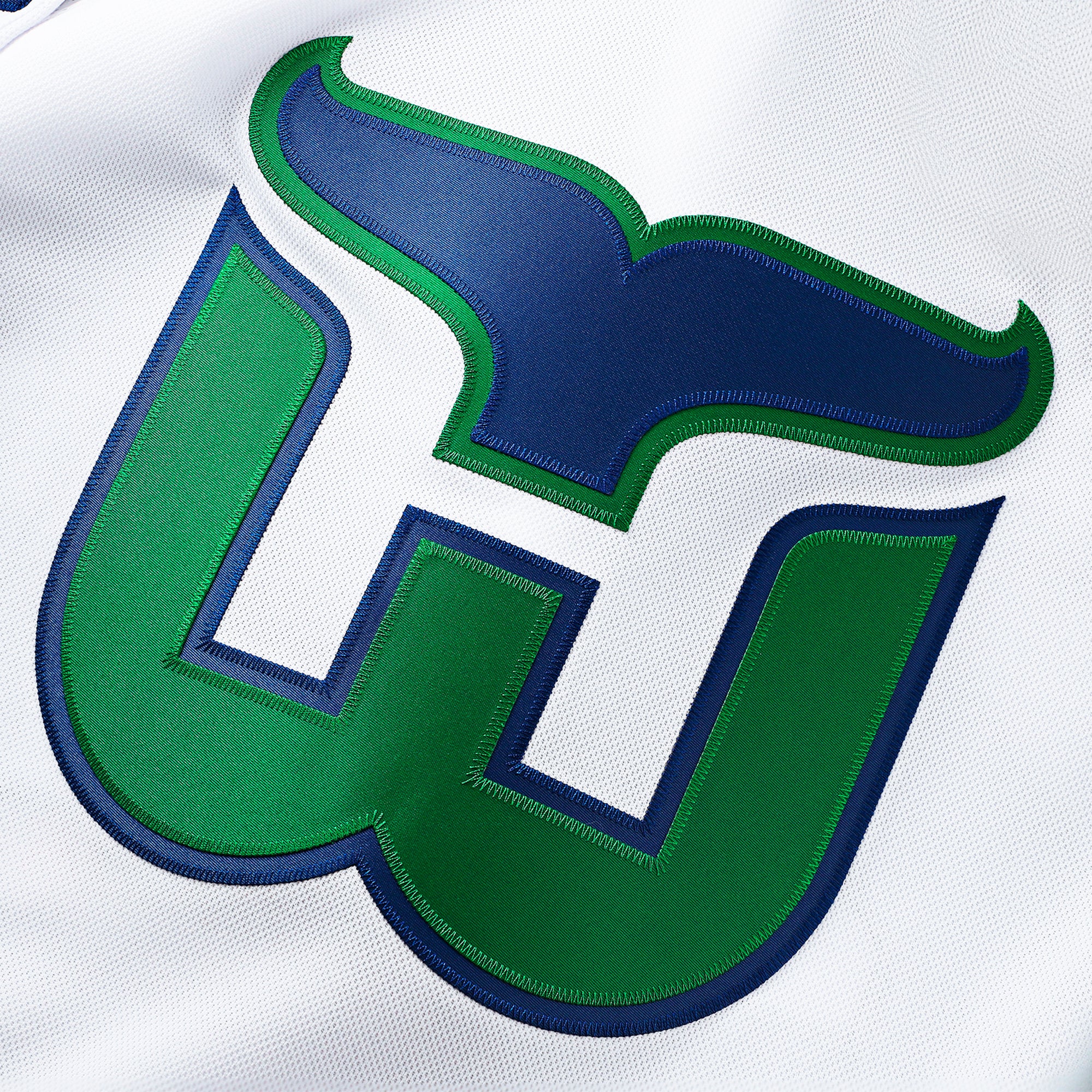 Close up of the blue and green Whalers Tail Logo on front