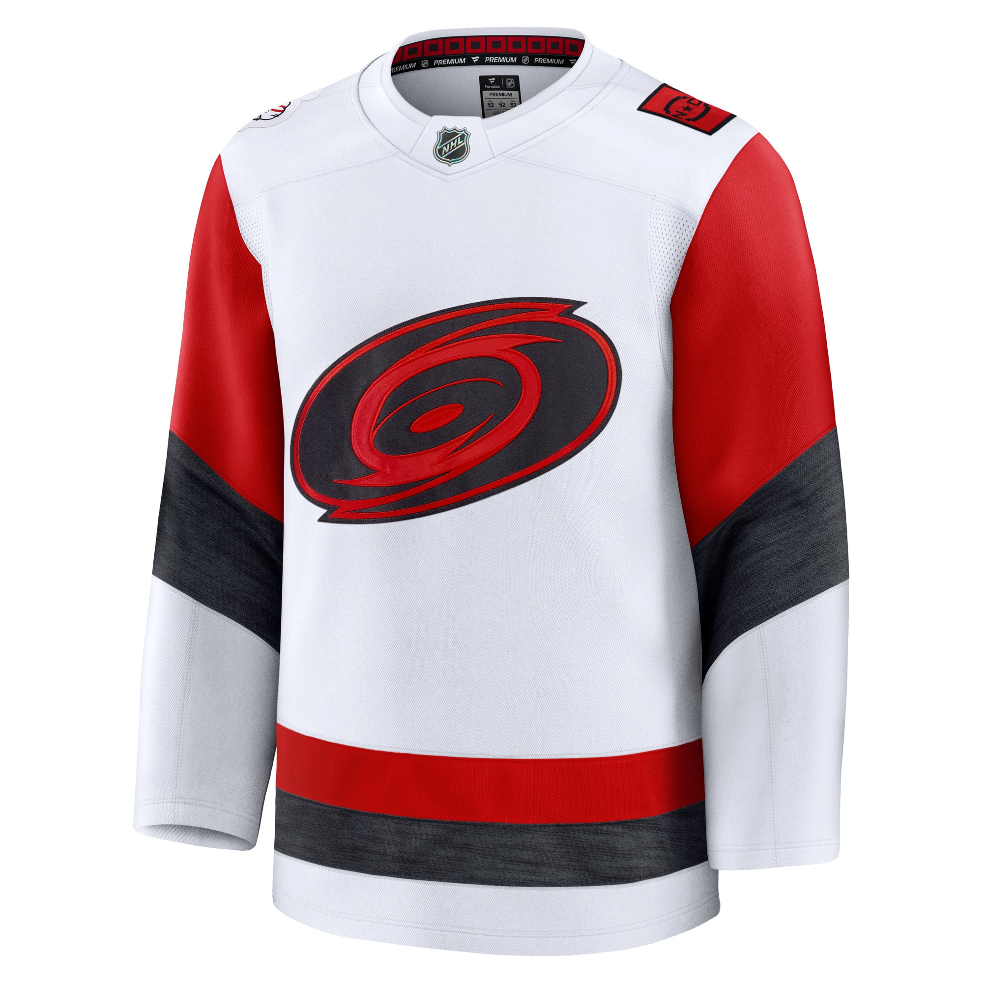 Front: White jersey, red/heather black striping, Tonal Primary logo crest