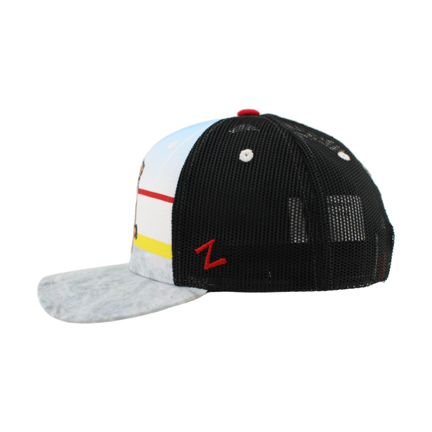 Left: red "Z" Zephyr logo on side, white eyelets and red crown