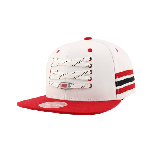 Front: White hat, red brim, hockey laces on front, metallic clip with red NC flag