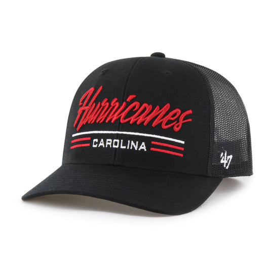 Front: Black trucker hat with black mesh, Red and white Carolina Hurricanes text graphic