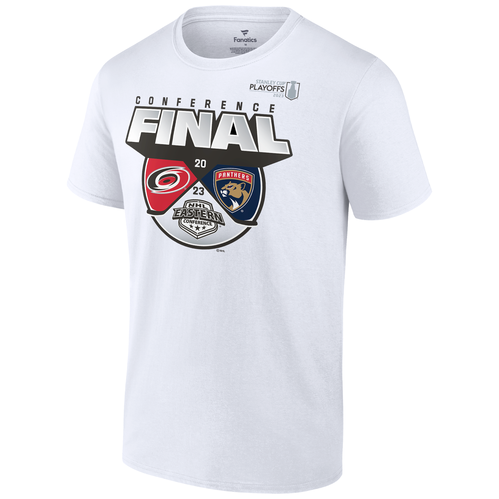 Front: White tee with Hurricanes and Panthers 2023 Eastern Conference Final graphic