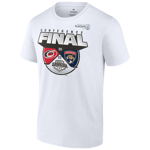 Front: White tee with Hurricanes and Panthers 2023 Eastern Conference Final graphic
