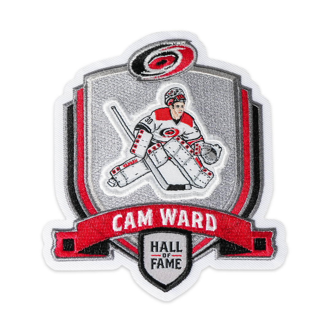 jersey patch depicting Cam Ward in center of Hurricanes Hall of Fame shield