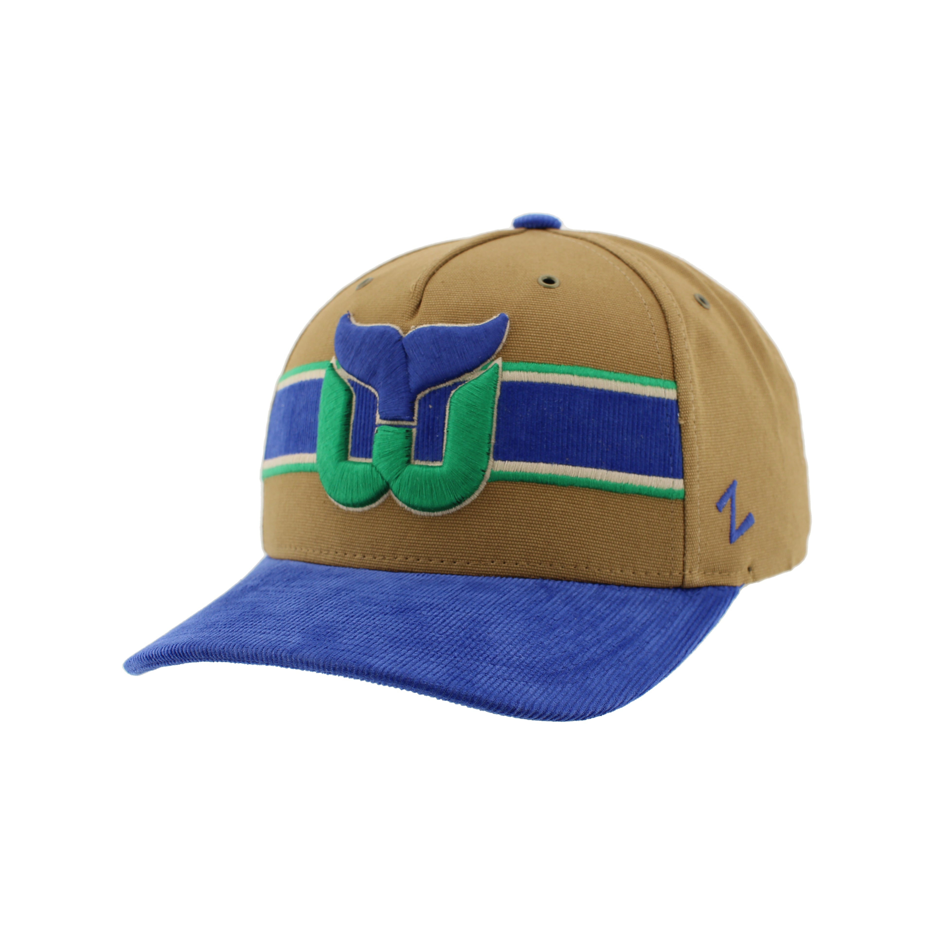 Front: Brown hat, blue corduroy brim, Whalers logo across front, blue and green striping behind