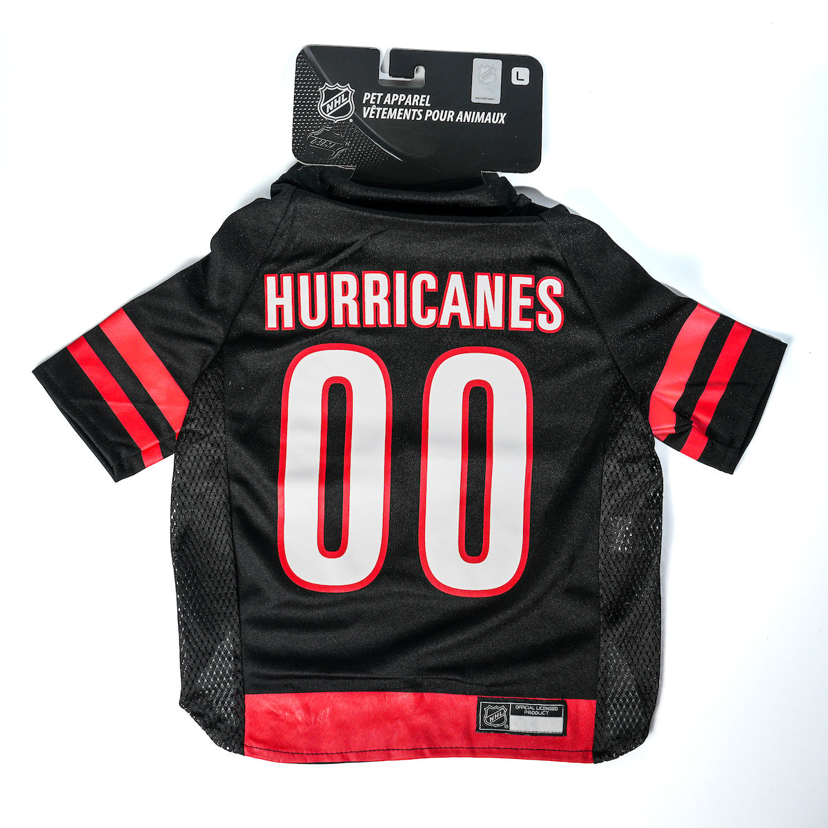 Black and red dog jersey that says Hurricanes #00