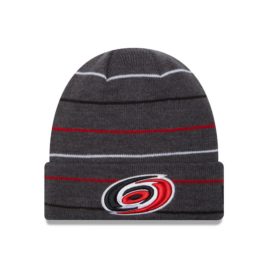 Front: Gray cuffed beanie with red white and black stripes, primary logo on cuff