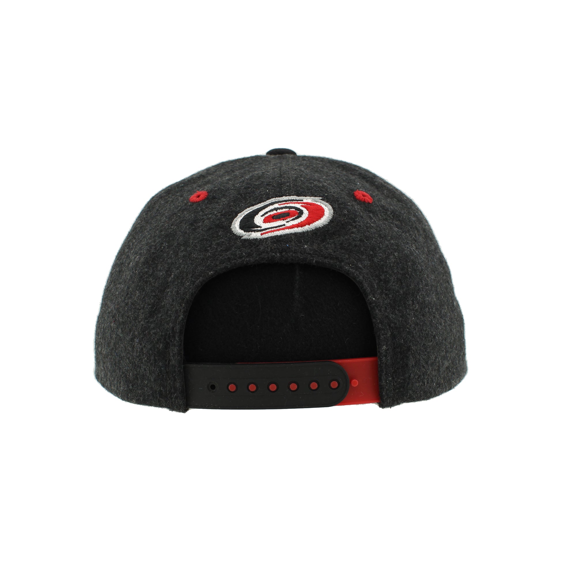Back: Black hat with black and red snapback straps, primary logo above straps