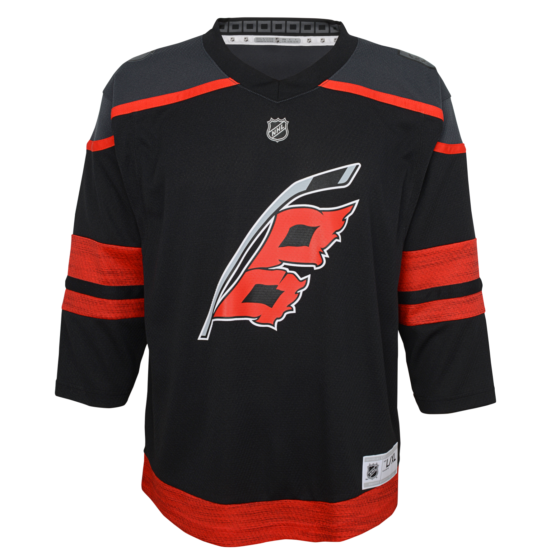 Front: black jersey with dark gray shoulders and red trim, Flags logo on front