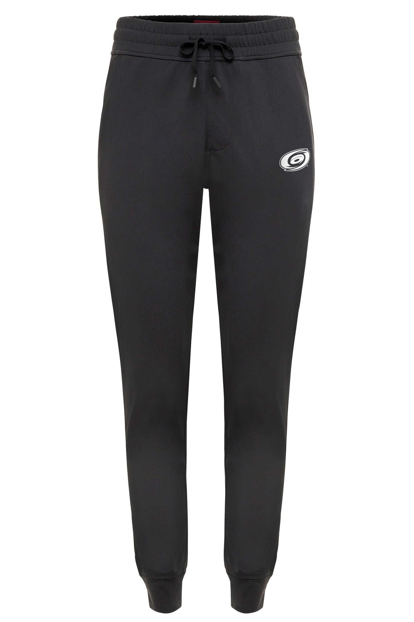 Black pants with drawstrings, primary logo in white on left pant