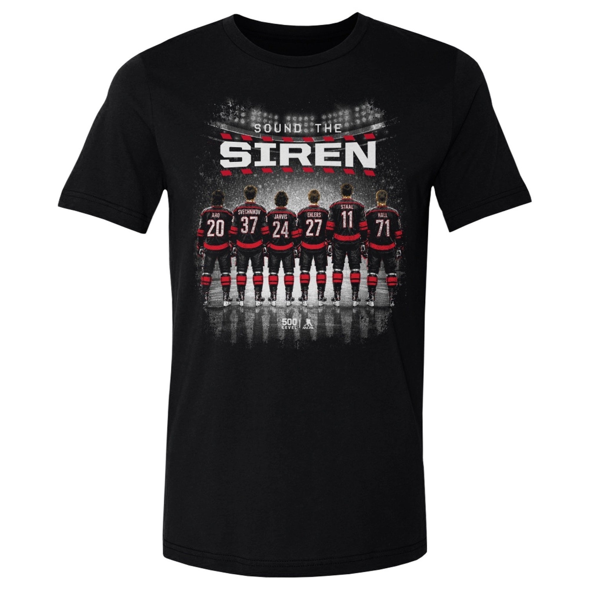 Art of 6 skaters standing at blueline, "SOUND THE SIREN" wordmark above skaters