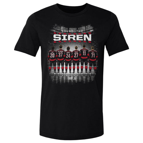 Art of 6 skaters standing at blueline, "SOUND THE SIREN" wordmark above skaters