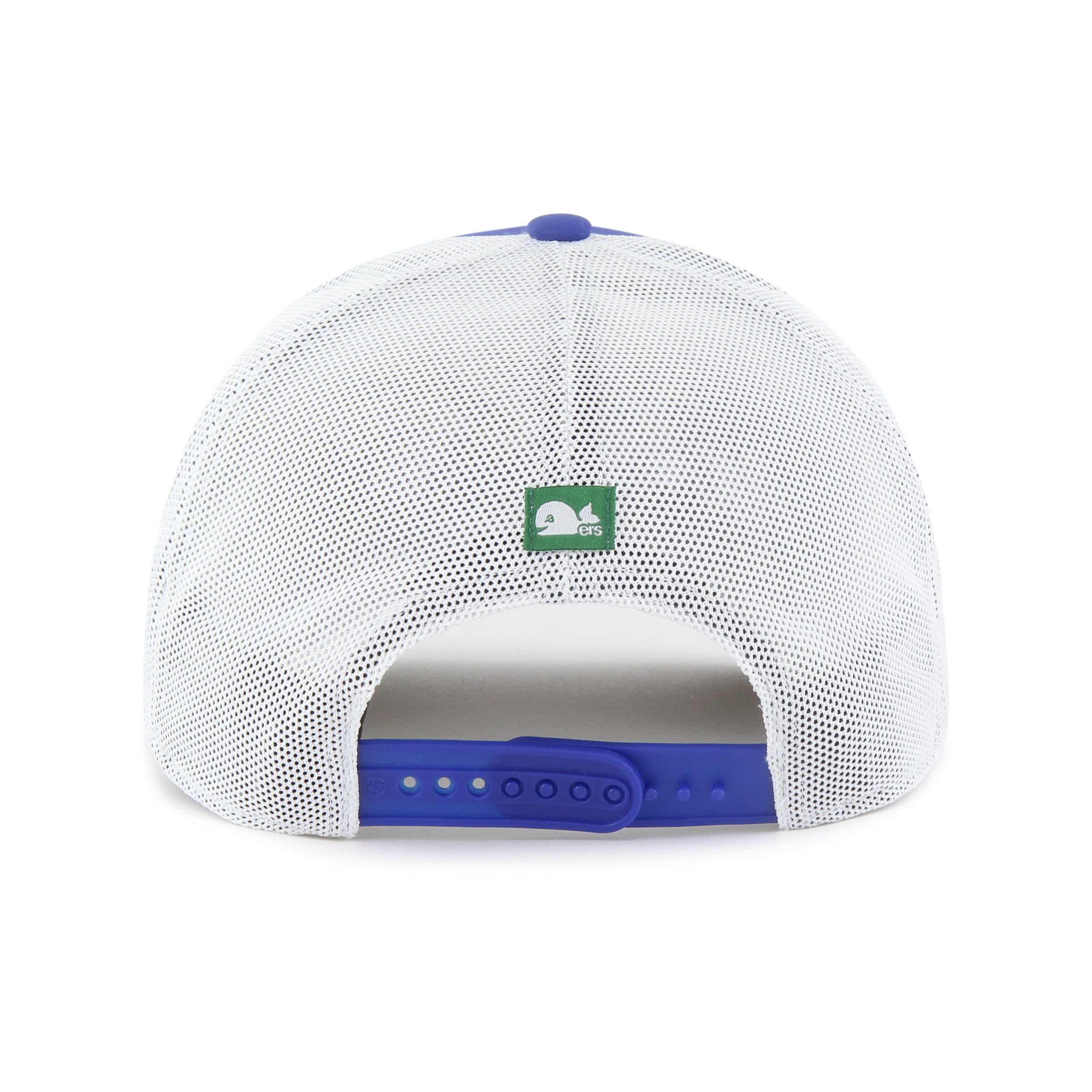 Back: White meshback with blue snapback, green pucky Whalers patch above straps