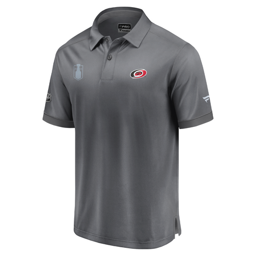 Front: Gray polo, primary logo on left chest, 2023 Playoffs logo on right chest