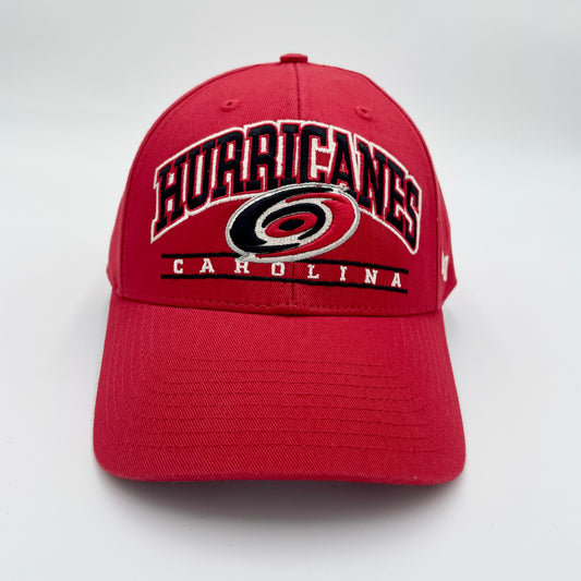 Front: Red hat, graphic that says Carolina Hurricanes in red, white, and black with primary logo