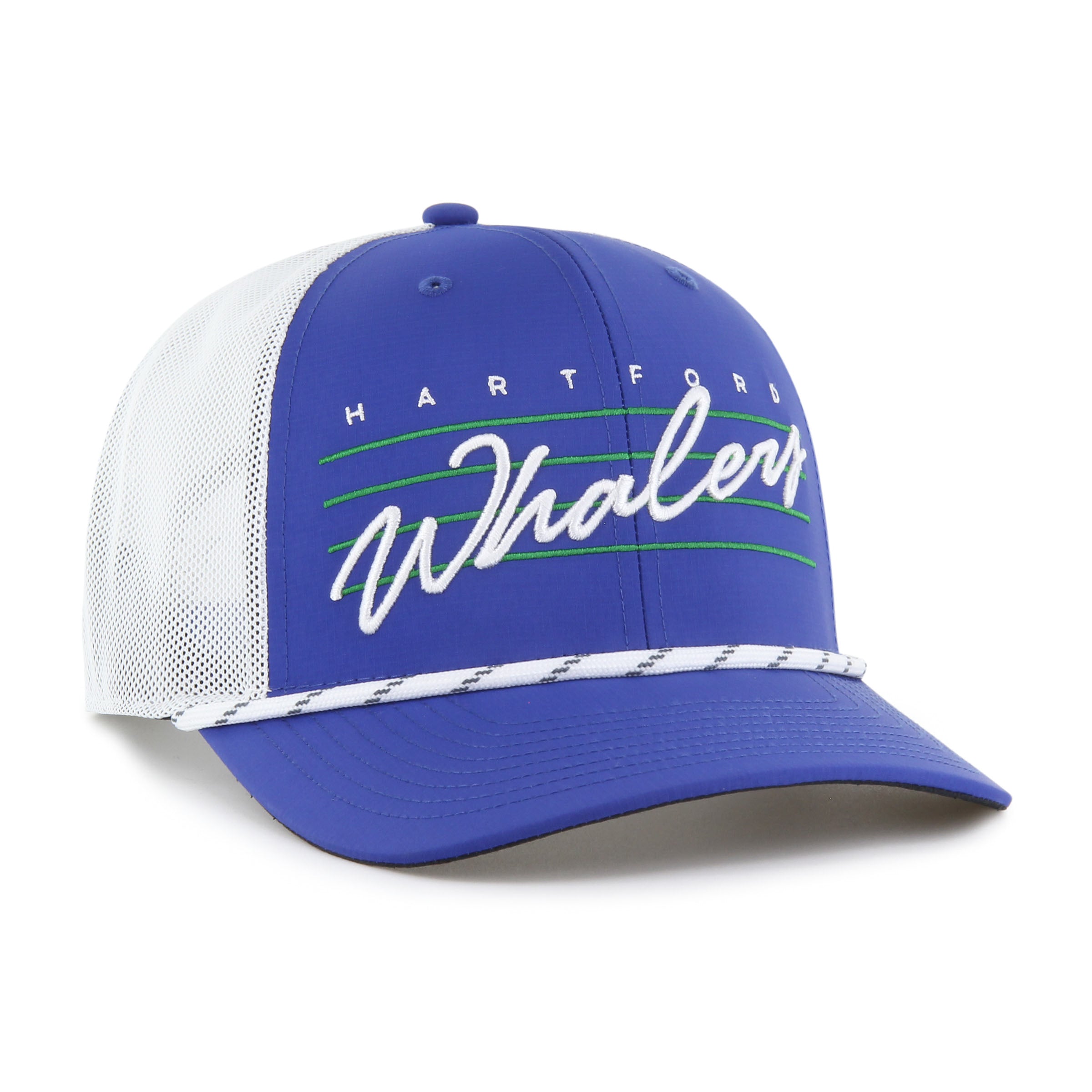 Right: Black hat with white rope across brim, Hartford Whalers written in white/green on front