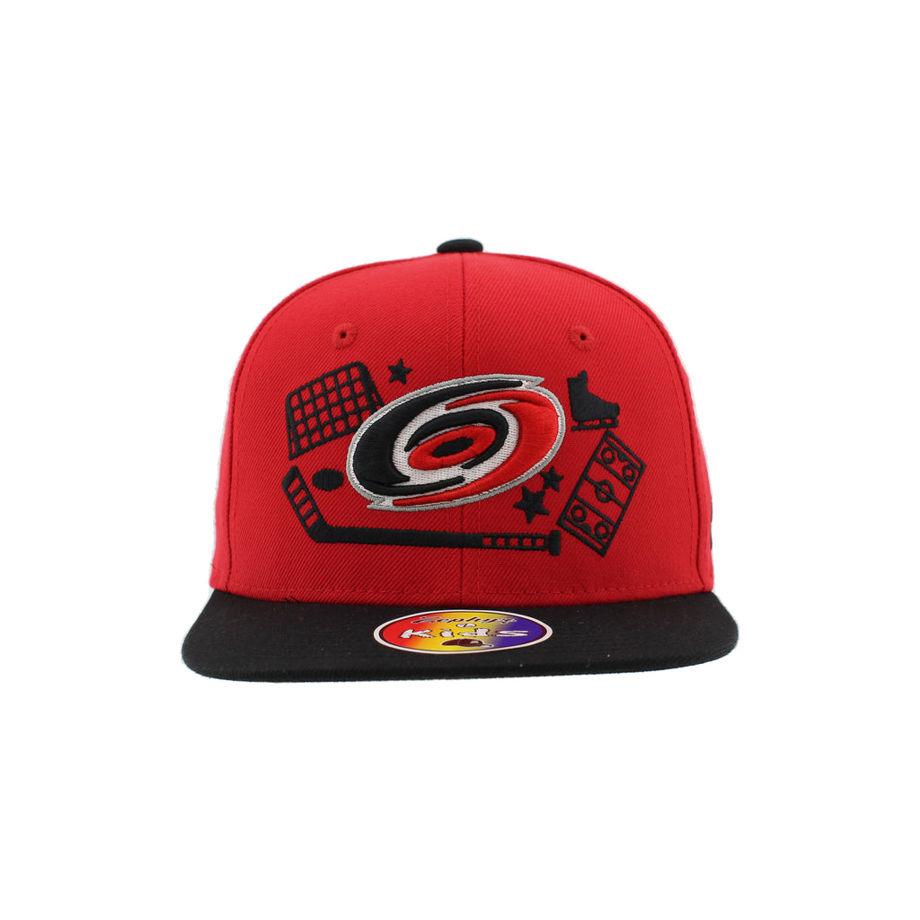 Front: Red hat with black flatbrim, Primary logo and hockey art on front