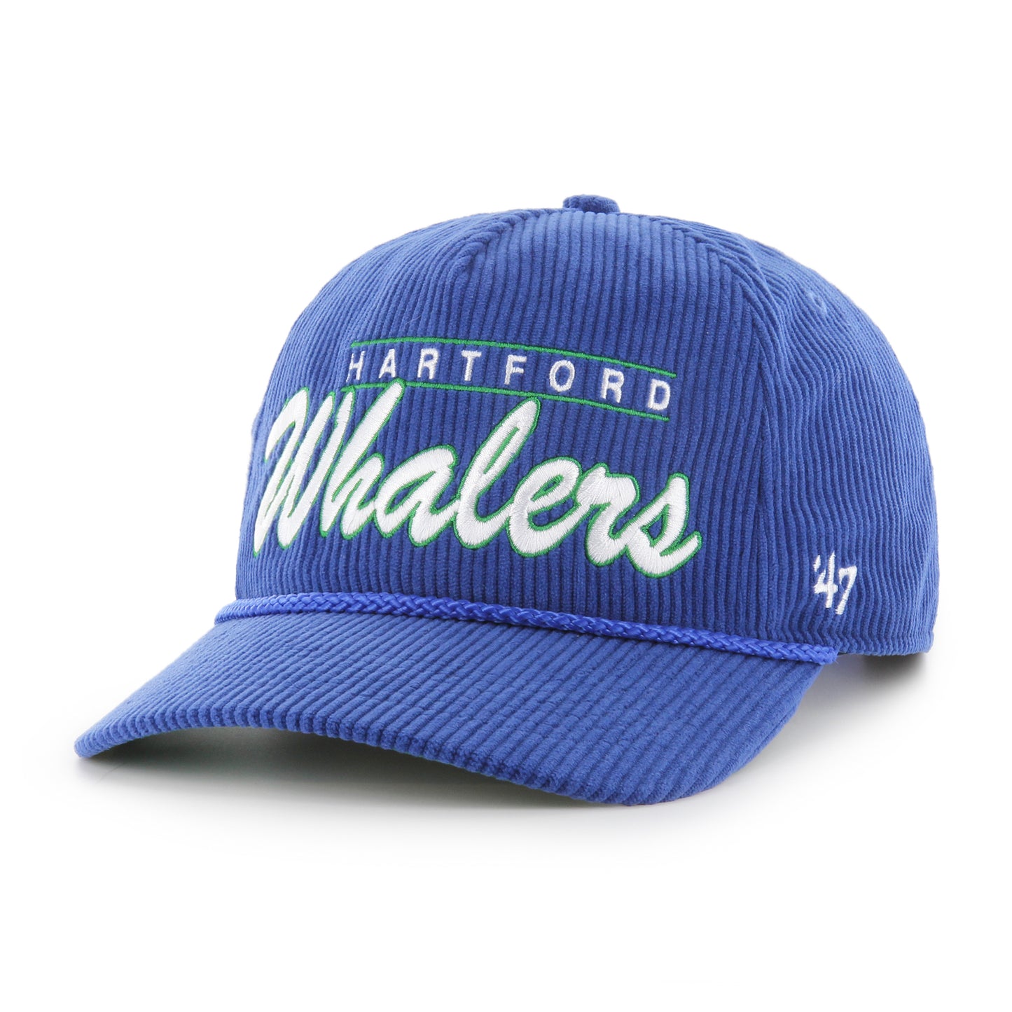 Front: Blue corduroy hat with blue rope, Hartford Whalers in white and green on front