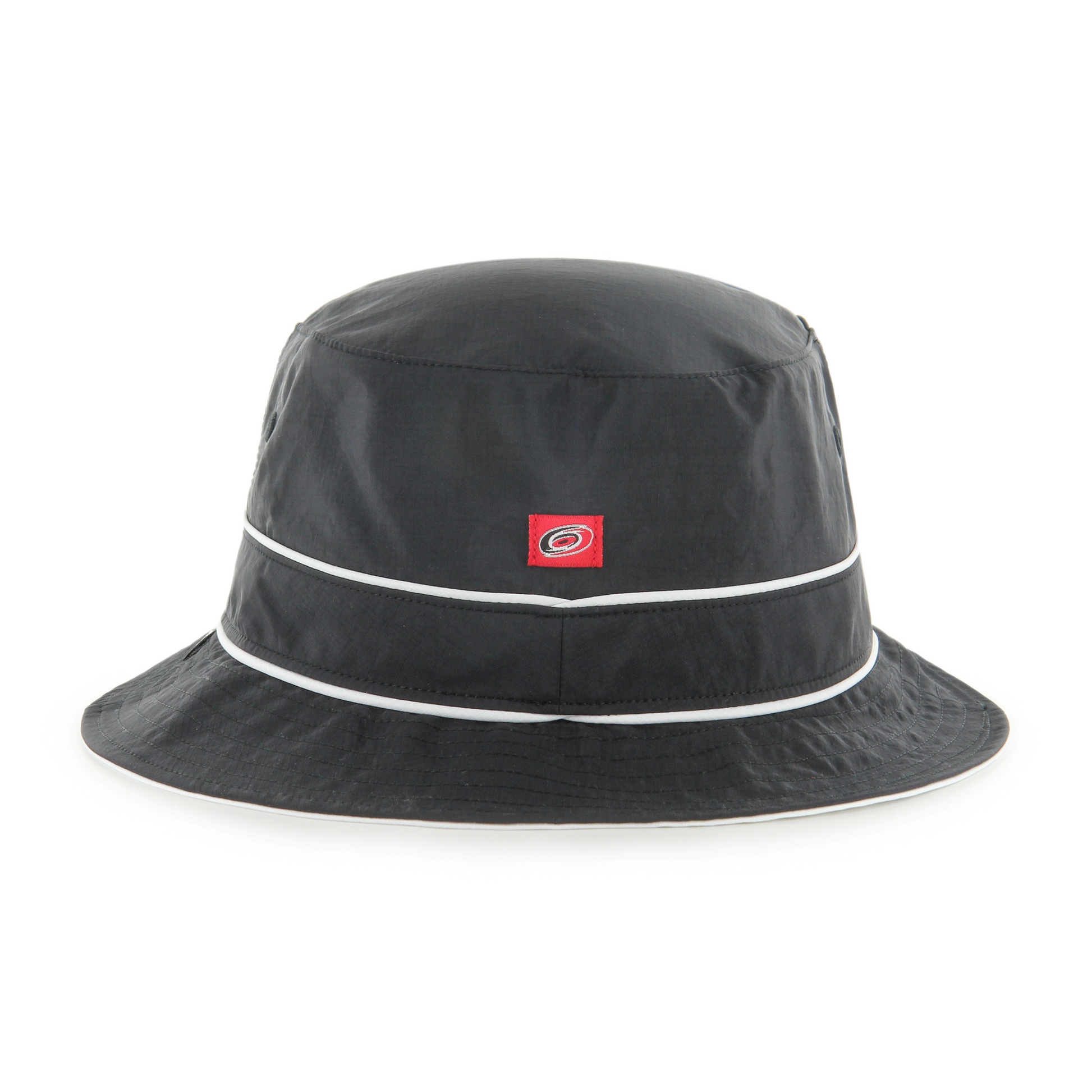 Back: Black bucket hat with white stripes, patch with Hurricanes primary logo on back