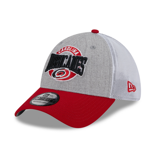 Front: Gray hat with red brim, circular Carolina Hurricanes graphic on front