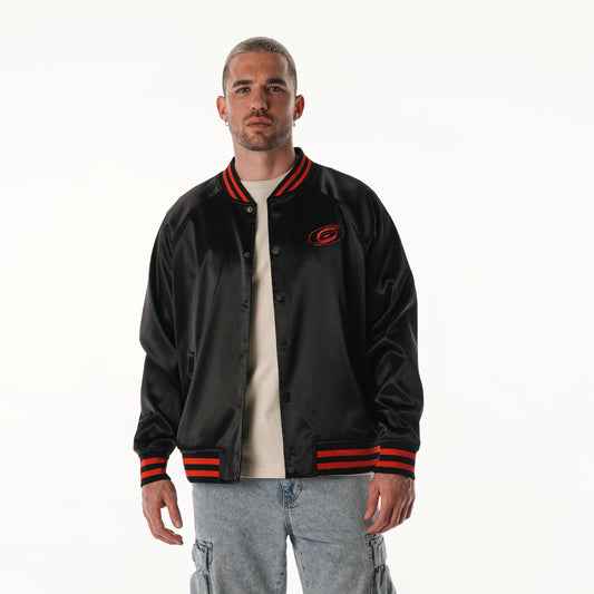 Front: Black satin bomber jacket, Tonal logo on chest, red stripes on neck, waist, wrists