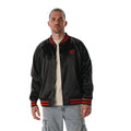 Front: Black satin bomber jacket, Tonal logo on chest, red stripes on neck, waist, wrists