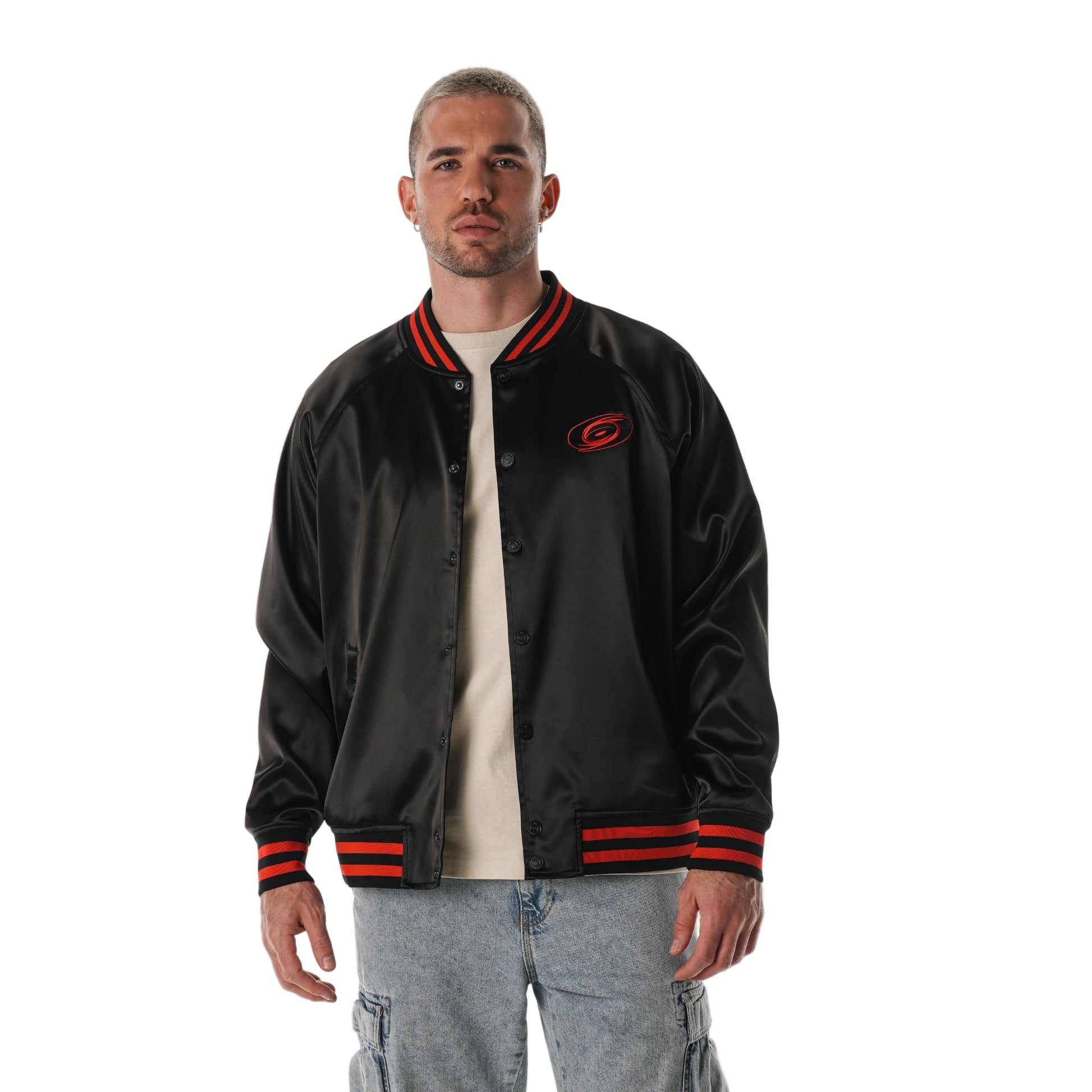 Front: Black satin bomber jacket, Tonal logo on chest, red stripes on neck, waist, wrists
