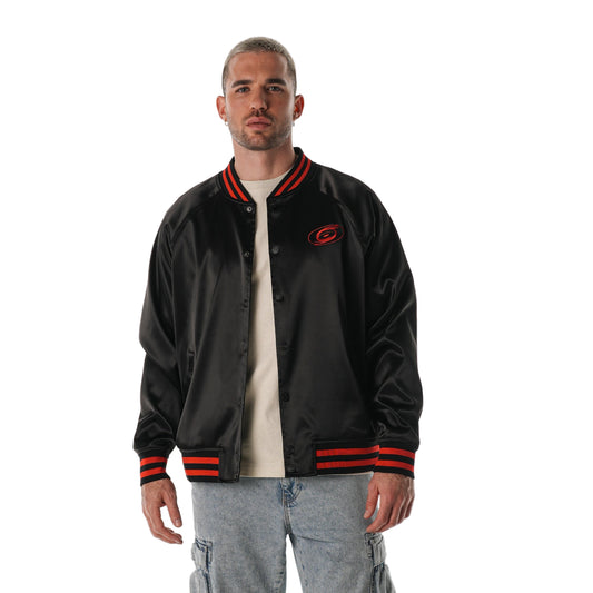 Front: Black satin bomber jacket, Tonal logo on chest, red stripes on neck, waist, wrists