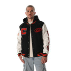 Front: Black varsity jacket with white sleeves, "C" on right chest, Tonal logo on left
