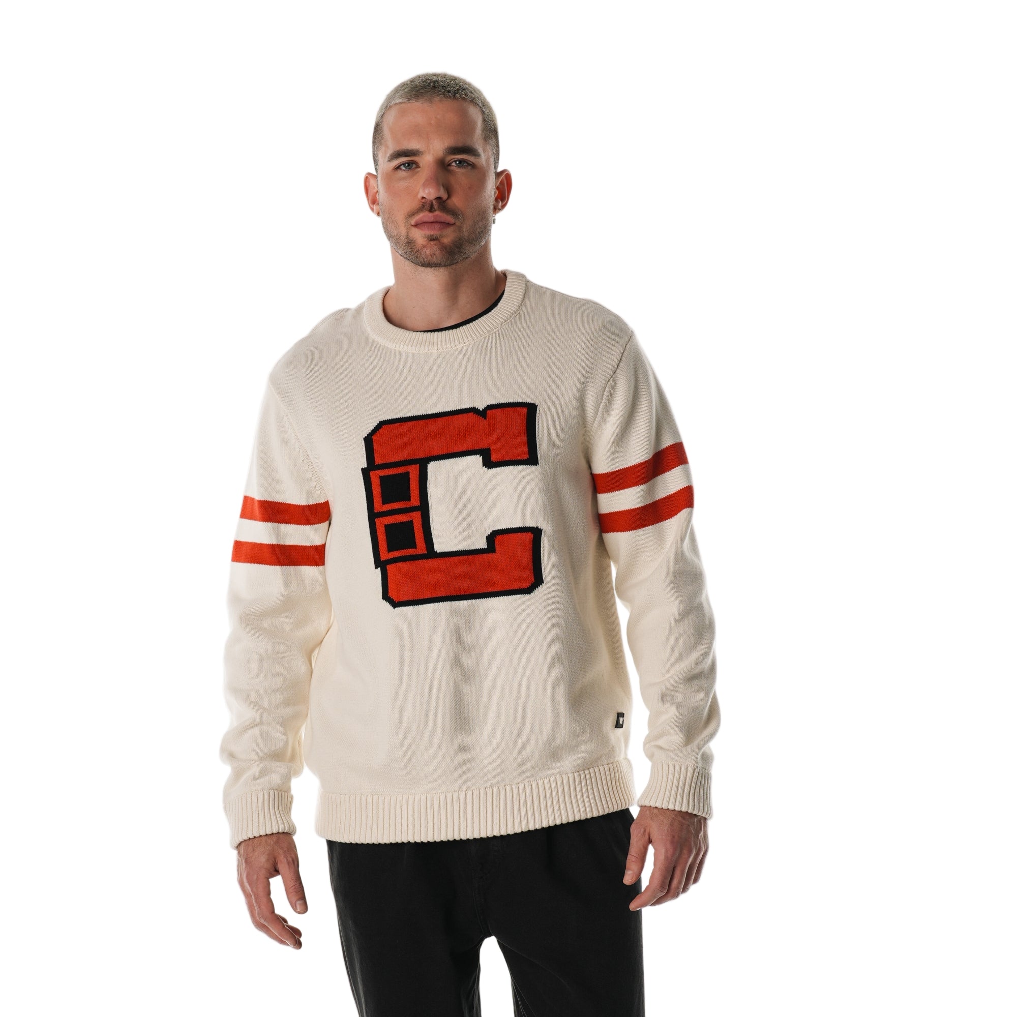 Front: Cream sweater, Hurricanes Collegiate "C" on front, red stripes on sleeves