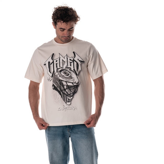 Front: Cream tee with "Band" style design, "CANES" in large lettering with goalie mask