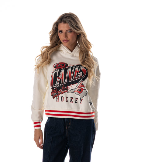 Front: White cropped hood with red striping, "CANES HOCKEY" graphic with logos on front