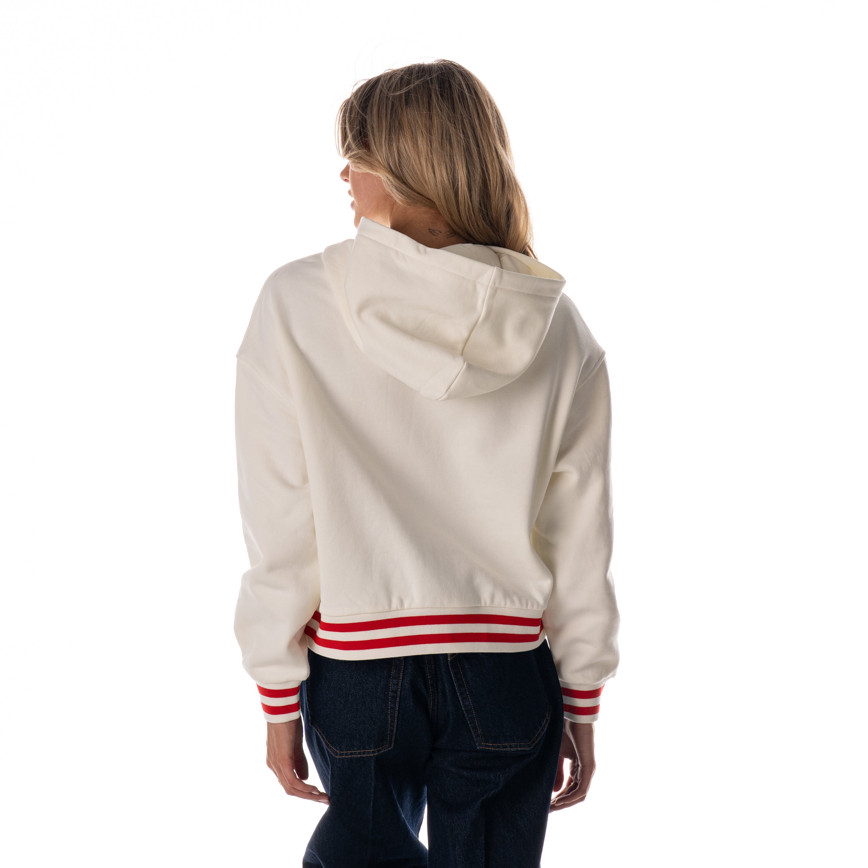 Back: White cropped hood with red striping
