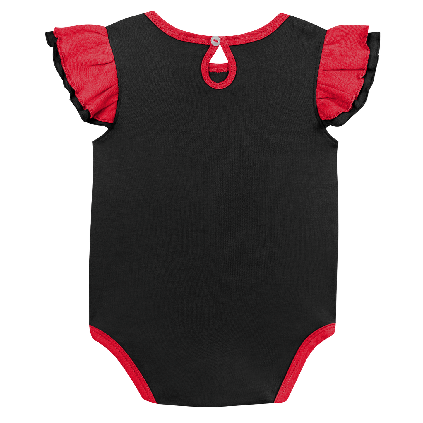 Back of black onesie with red trim, ruffled sleeves