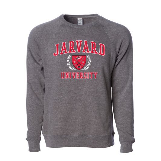 gray crewneck that says Jarvard University in red and black with crest in middle