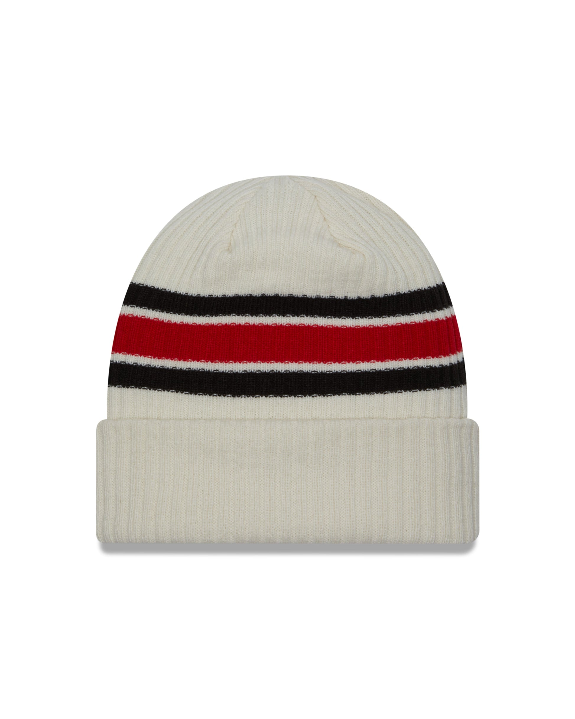 Back: Cream cuffed beanie with red and black striping