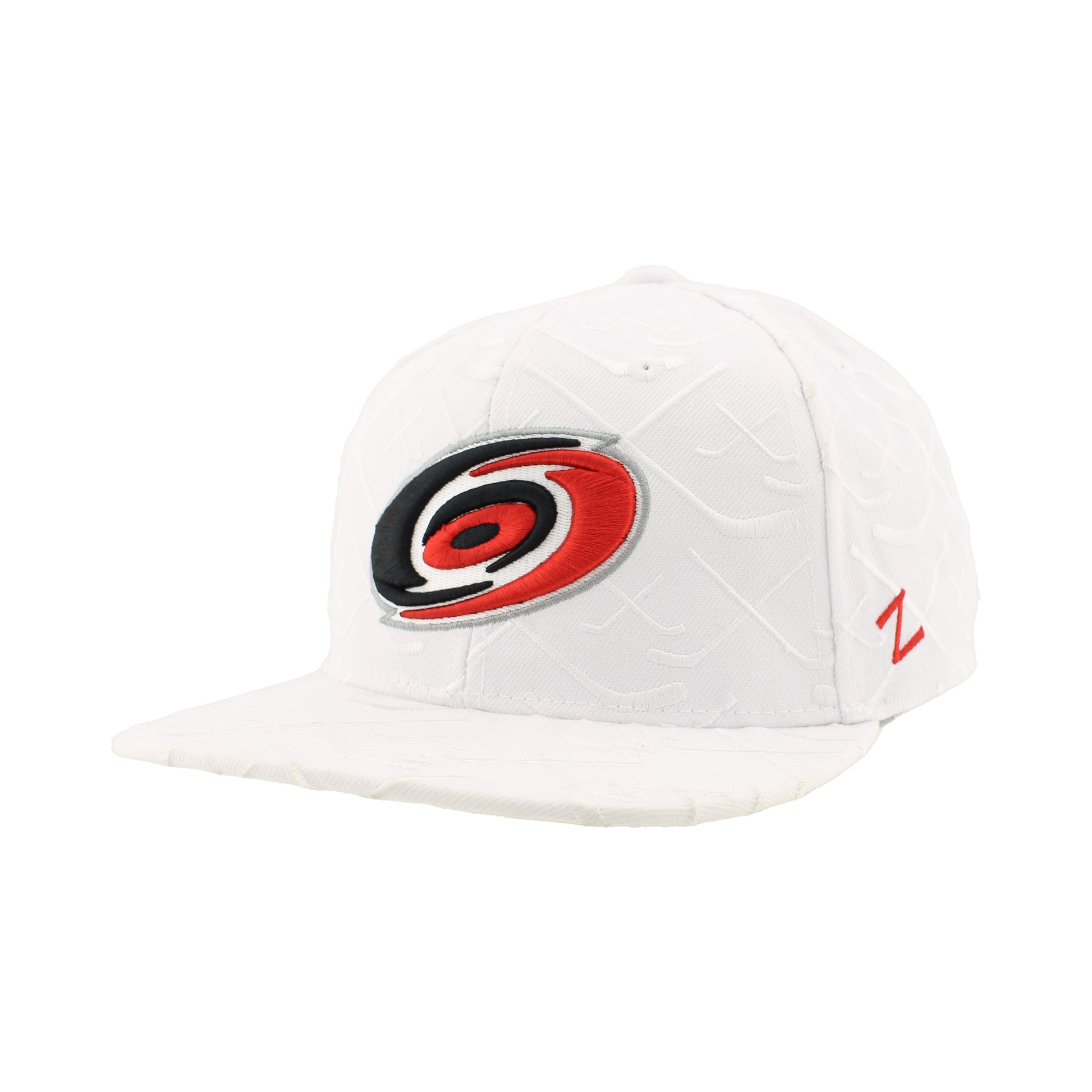 Front Left: White hat with 3D white hockey pattern, red Zephyr logo on left side