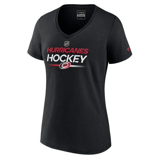 Front: Black v-neck tee with red and white Hurricanes Hockey graphic