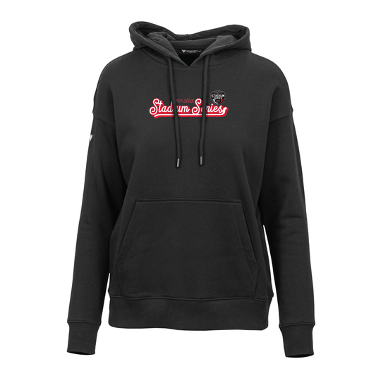 Front: Black hoodie that says 2023 NHL Stadium Series in red and white with Stadium Series logo