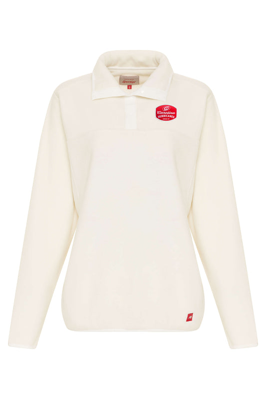 Cream fleece with cuffed neck, red Carolina Hurricanes patch on left chest