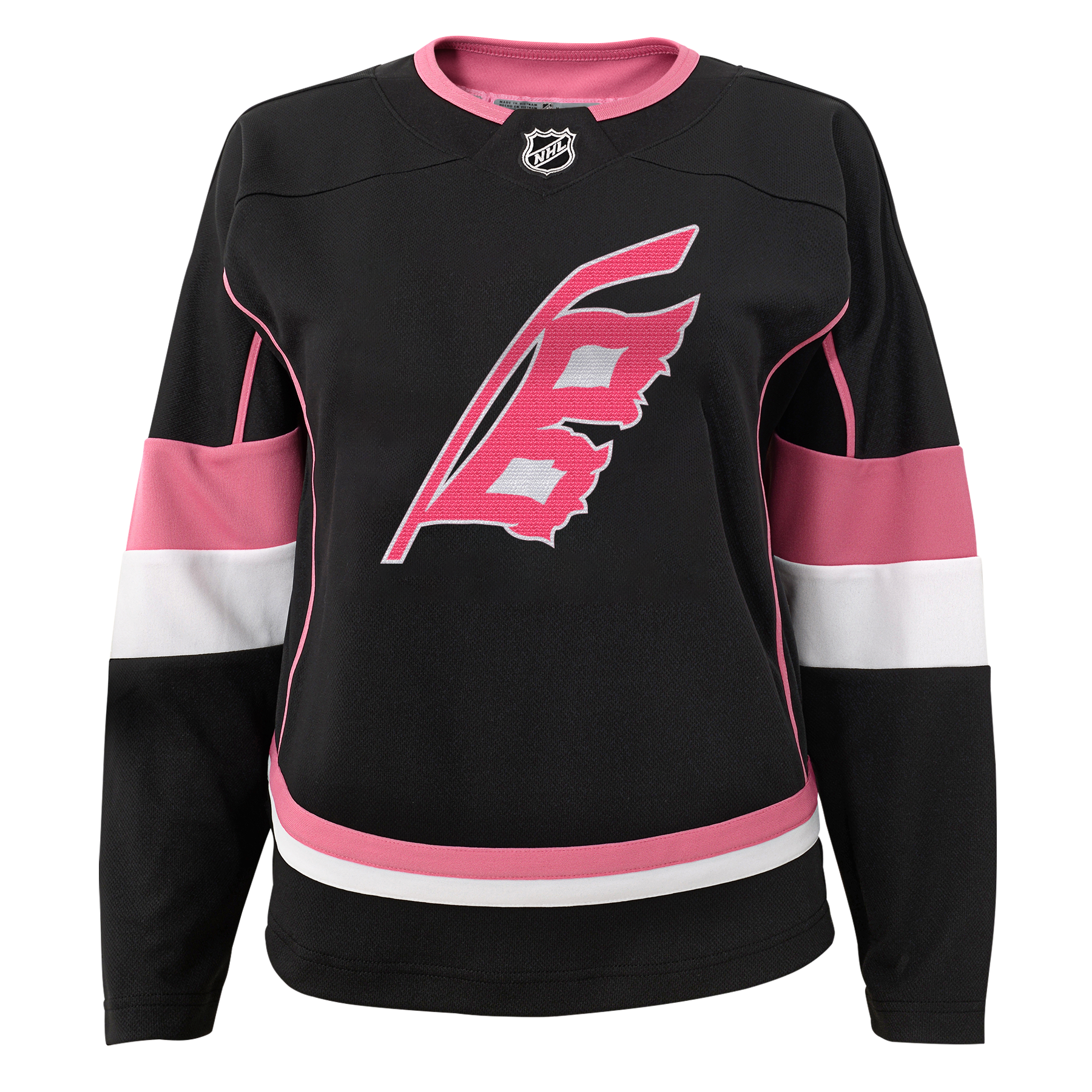 Front: Black jersey with pink and white accents, pink and white Flags logo on front