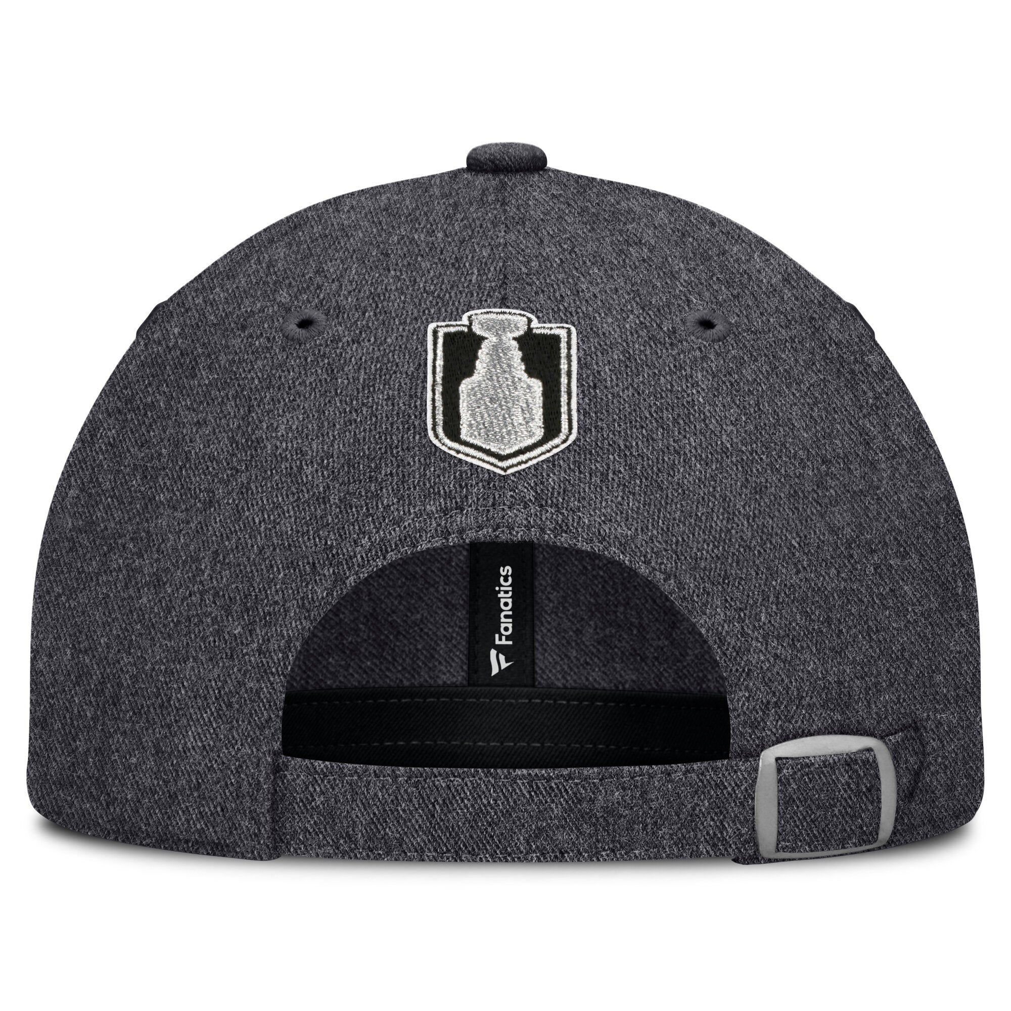 Back: Dark grey hat, dark grey adjustable strap with metal clasp, Stanley Cup logo above strap