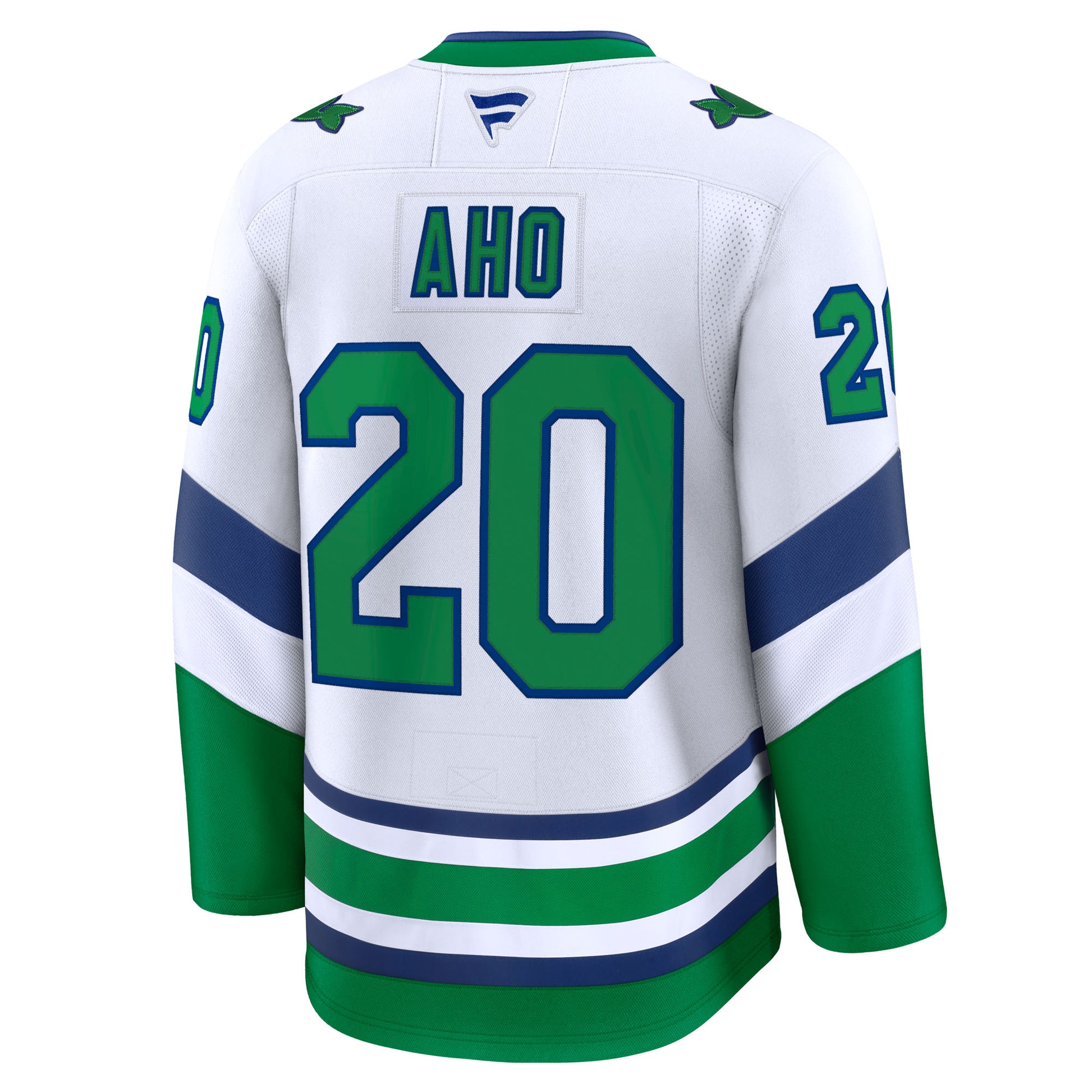 Back: White Whalers jersey, "AHO 20" on back in green with blue outline