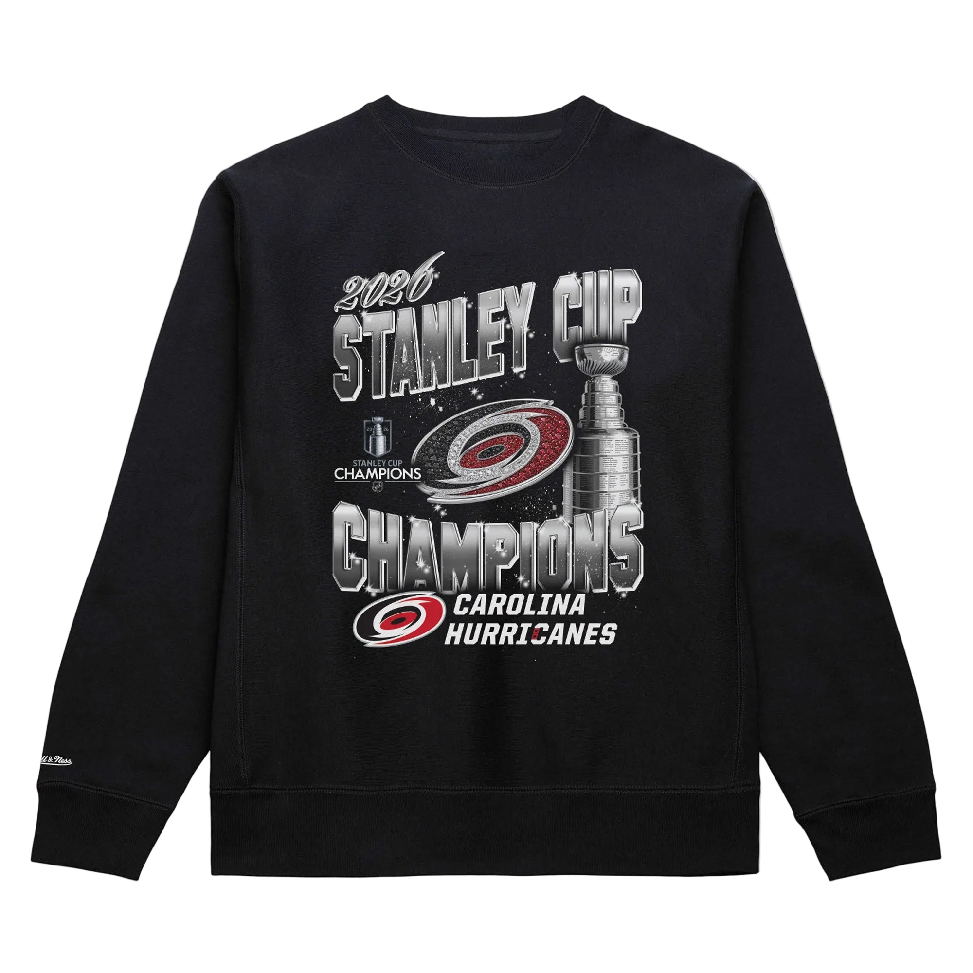 Black crewneck, silver artwork with "2026 Stanley Cup Champions", team wordmark, Stanley Cup, Primary logo