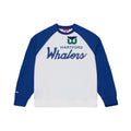 White crewneck, blue shoulders/sleeves; "HARTFORD WHALERS" in blue across chest with Tail logo above