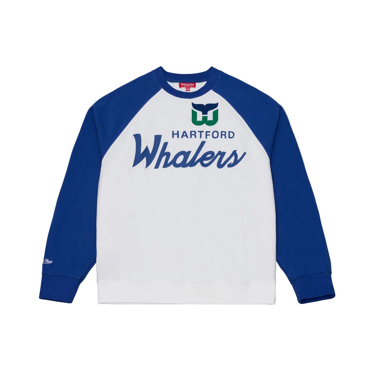White crewneck, blue shoulders/sleeves; "HARTFORD WHALERS" in blue across chest with Tail logo above