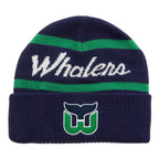 Front: Navy blue cuffed beanie, "Whalers" in cursive white with green stripes above/below, Tail logo on cuff