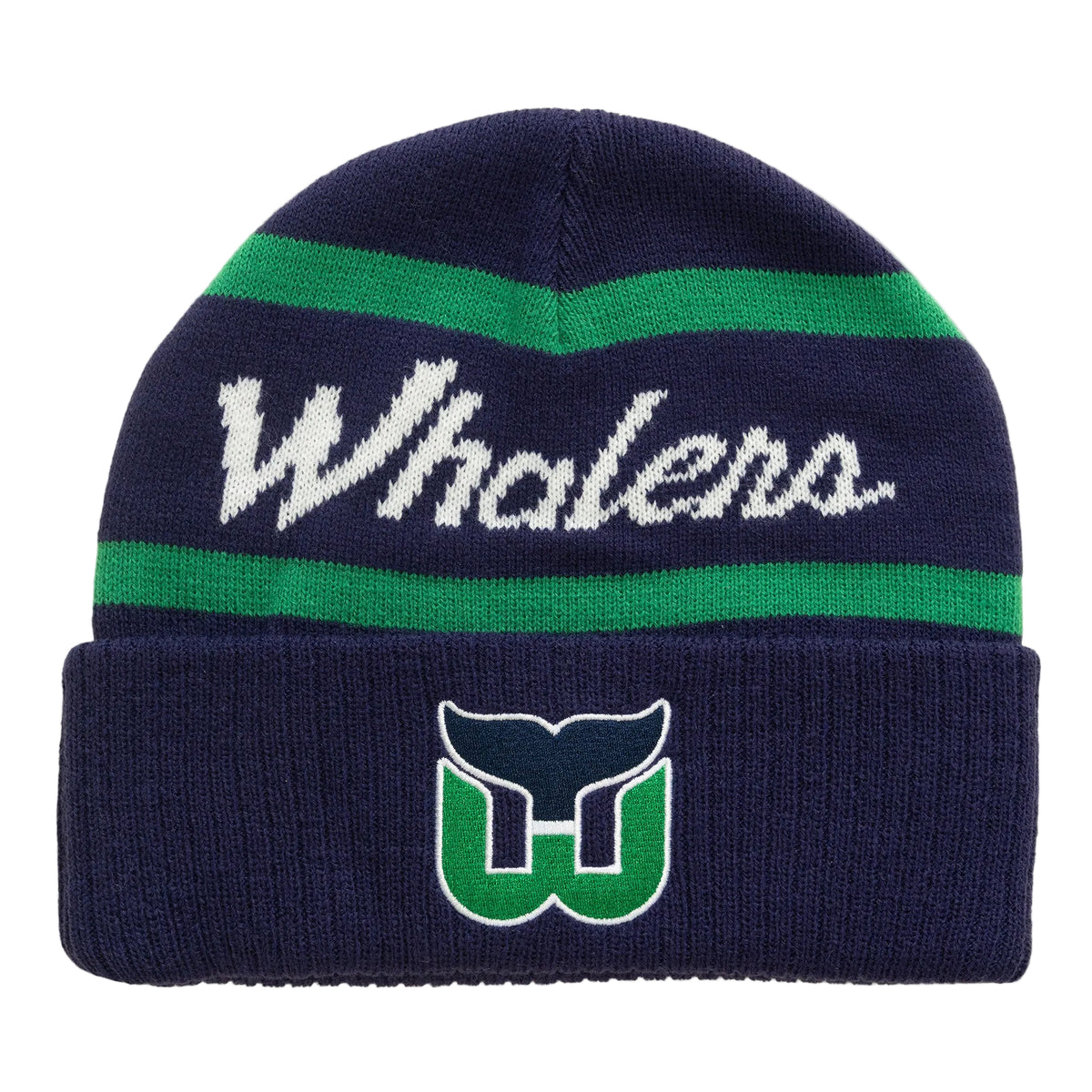 Front: Navy blue cuffed beanie, "Whalers" in cursive white with green stripes above/below, Tail logo on cuff